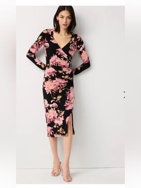 WHBM Black Midi Dress  sweetheart neck Ruched Pink Floral Print